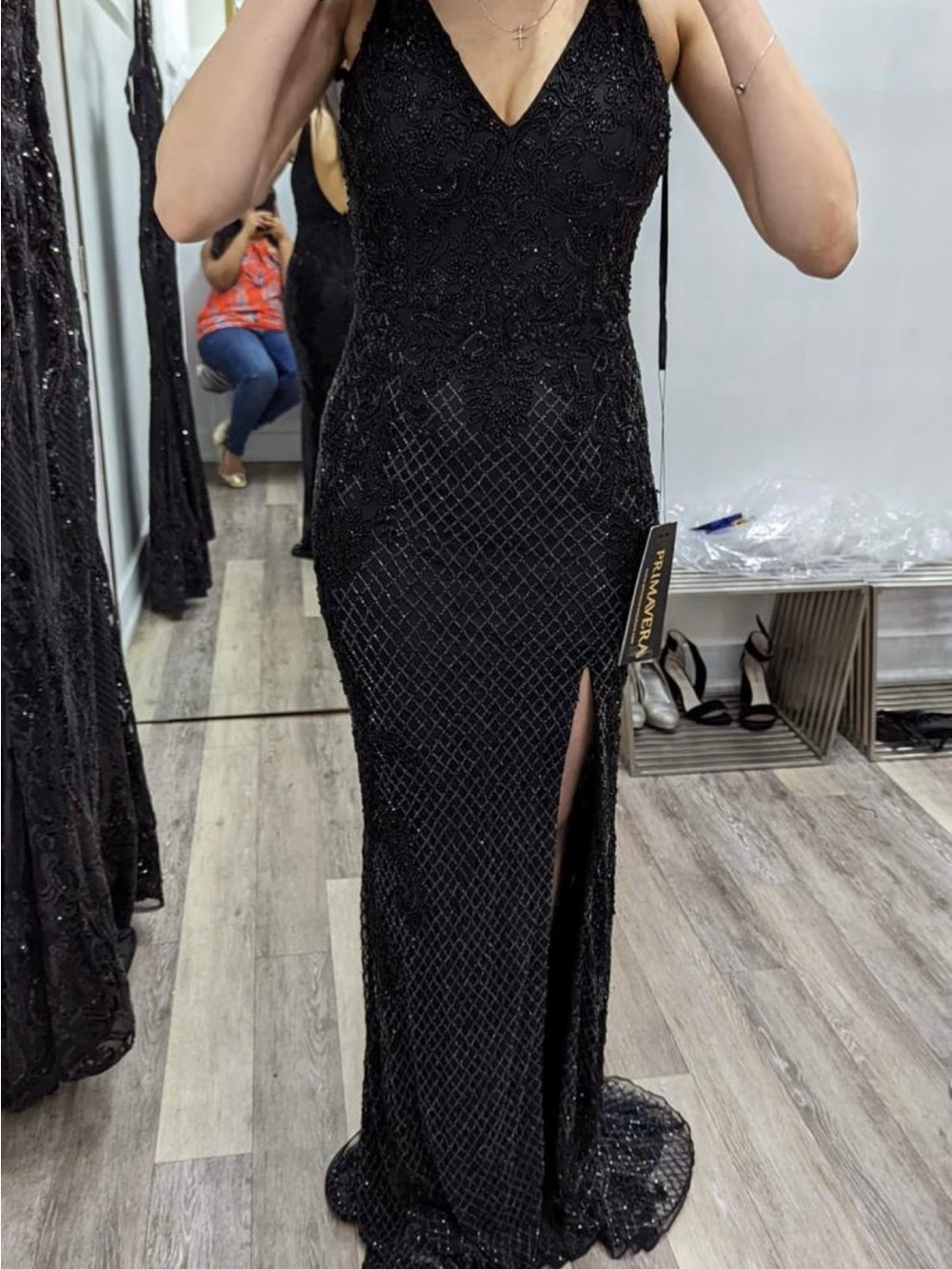 Primavera Black Beaded V-Neck Maxi Gown with Thigh Slit